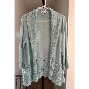 EUC  Vintage Womens Croft & Barrow Open Front Knit Cardigan Light Blue Lace Trim